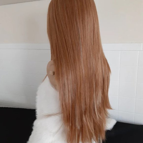 Ginger brown lace front wig with blonde highlights straight main image 5